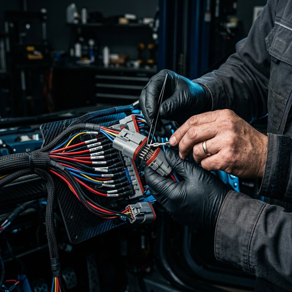 Auto Electrician working on a clean wiring loom